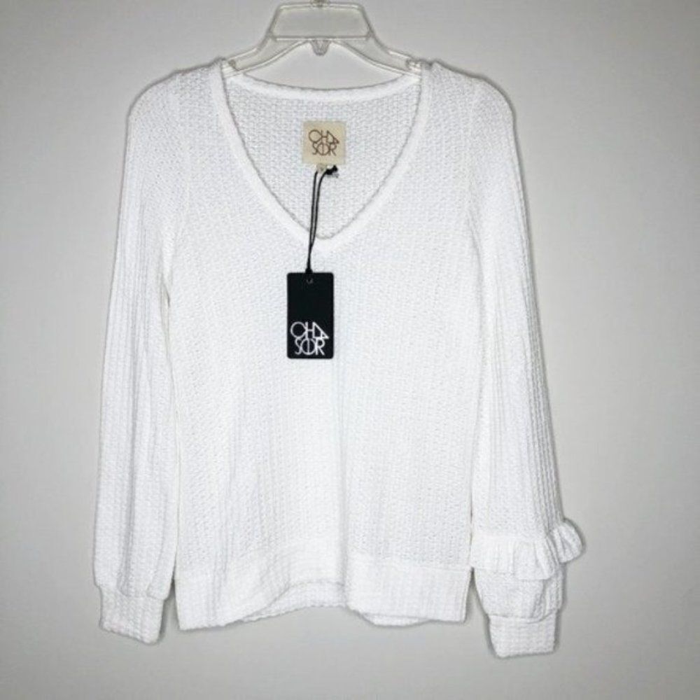 CHASER Thermal Sparkle Ruffle V Neck Tee 